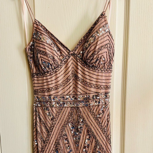 Bloomingdale’s Marina Strappy GATSBY BEADED A-LINE GOWN IN BLUSH - Picture 7 of 14